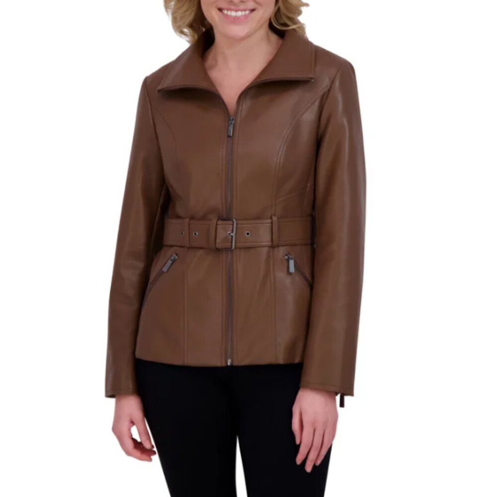 Kenneth Cole Women's Belted Faux Leather Brown Jacket Size XXL - Picture 2 of 9